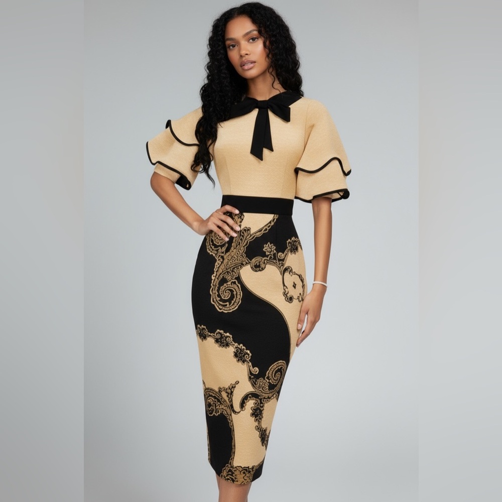 Chic Black and Tan Dress with Bow Accent